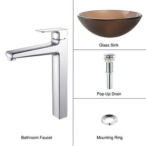 Frosted Brown Glass Vessel Sink and Virtus Faucet Chrome