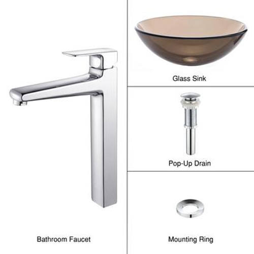 Clear Brown Glass Vessel Sink and Virtus Faucet Chrome
