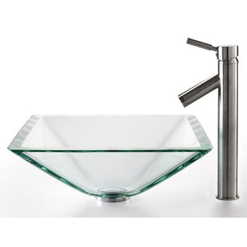 Clear Aquamarine Glass Vessel Sink and Sheven Faucet Satin Nickel