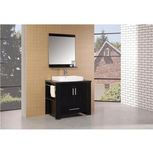 Washington 36 Inches W x 22 Inches D x 34 Inches H Vanity in Espresso with Water Resistant Vanity Top in Black and Mirror (Faucet not included)