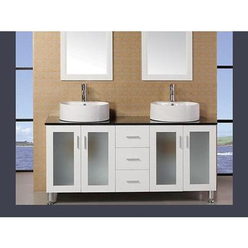 Malibu 60 Inches Double Vanity in White with Tempered Glass Vanity Top in Black and Mirror (Faucet not included)