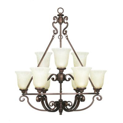 Fairview 9 Light Chandelier 29.5 Inch - Heritage Bronze with Tea Stained Water Glass Shades