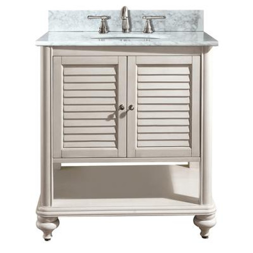 Tropica 30 Inch Vanity with Carrera White Marble Top And Sink in Antique White Finish (Faucet not included)