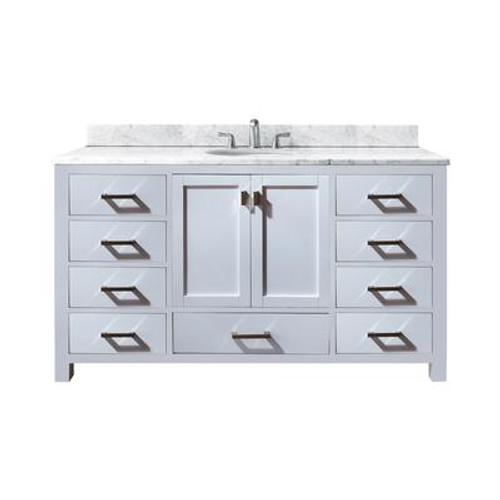 Modero 60 Inch Double Vanity with Carrera White Marble Top And Double Sinks in White Finish (Faucet not included)