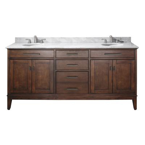 Madison 72 Inch Vanity with Carrera White Marble Top And Double Sinks in Tobacco Finish (Faucet not included)