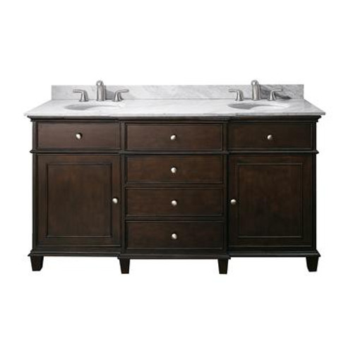 Windsor 60 Inch Vanity with Carrera White Marble Top And Dual Sinks in Walnut Finish (Faucet not included)