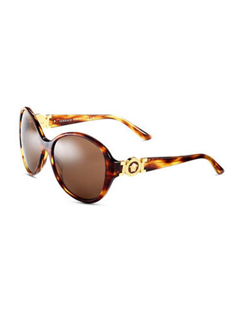 Versace Plastic Round Sunglasses with Logo Hinge - Striped Havana