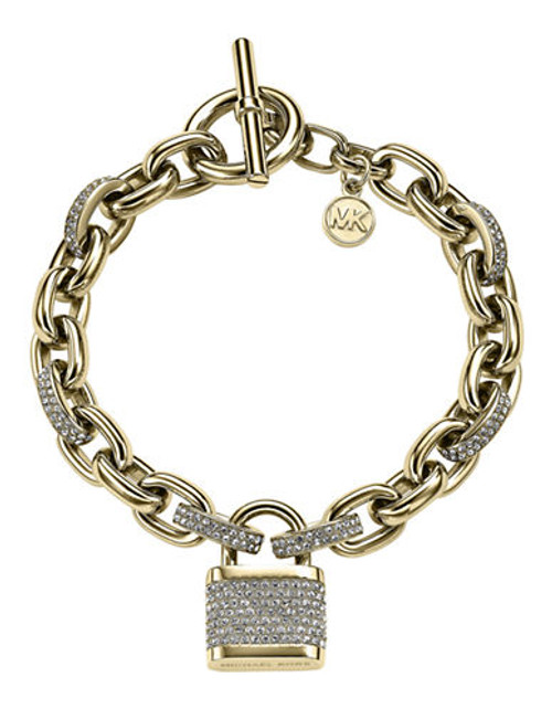 Michael Kors Gold Tone Clear Pave Link And Padlock Motif Toggle Bracelet - Gold