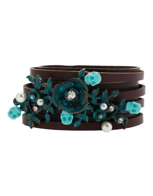 Betsey Johnson Leather Multi Row Patina Flower Bracelet - Brown