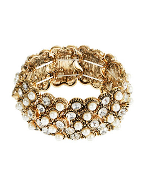 Expression Statement Pearl And Rhinestone Stretch Bracelet - Gold