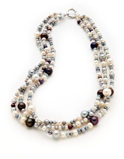 Fine Jewellery Sterling Silver Three Strand Multi Coloured Pearl Necklace - MULTI COLOURED