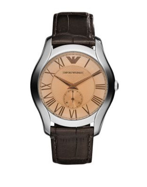 Emporio Armani Large Round Amber Dial with Subsecond on Brown Croco Embossed Leather Strap - BROWN