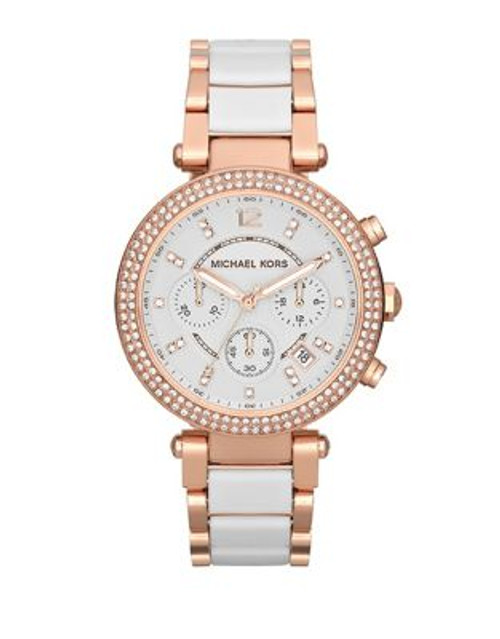 Michael Kors Mid Size White Acetate And Rose Gold Tone Stainless Steel Parker Chronograph Glitz Watch - WHITE