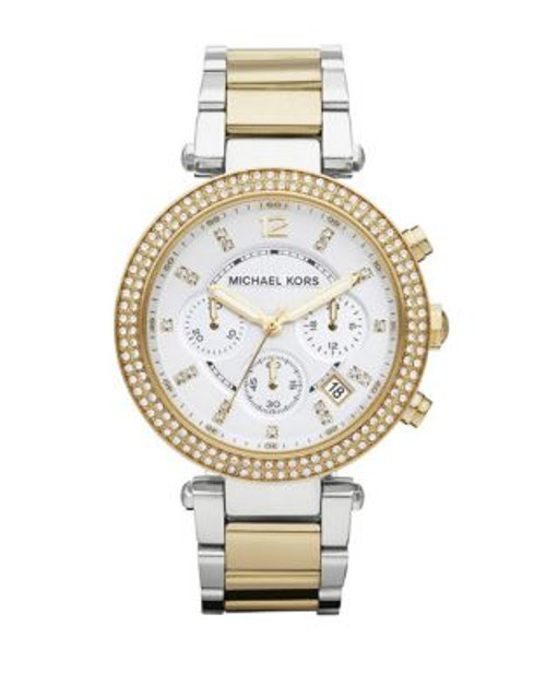 Michael Kors Mid Size Silver and Gold Tone Stainless Steel Parker Chronograph Glitz Watch - TWO TONE