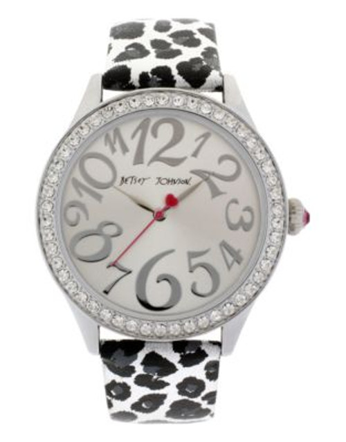 Betsey Johnson Silver Tone Case Set In Crystal With Silver Metallic Leopard Printed Genuine Leather Strap Watch - WHITE