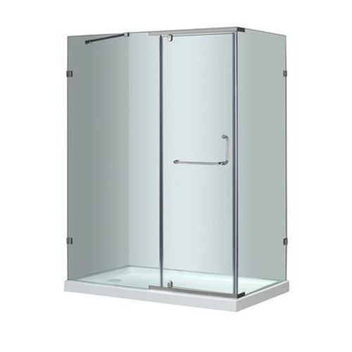 60 In. x 35 In. Semi-Frameless Shower Enclosure in Stainless Steel with Left Shower Base