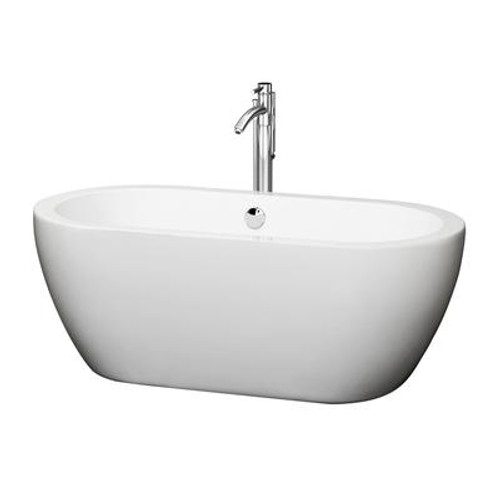 Soho 5 Ft. Center Drain Soaking Tub in White with Floor Mounted Faucet in Brushed Nickel