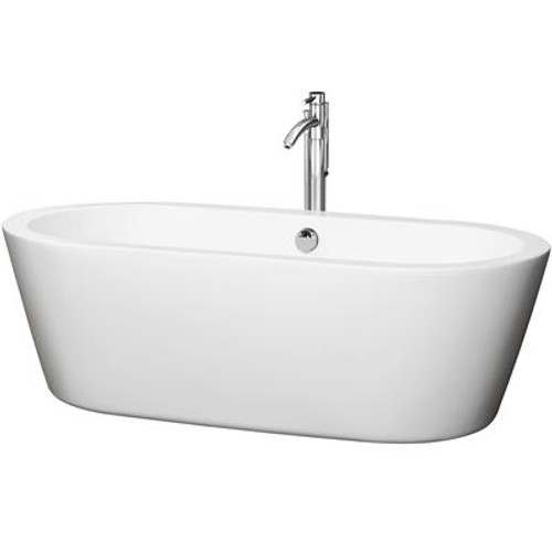 Mermaid 5.92 Ft. Center Drain Soaking Tub in White with Floor Mounted Faucet in Brushed Nickel