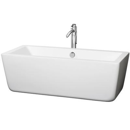 Laura 5.58 Ft. Center Drain Soaking Tub in White with Floor Mounted Faucet in Brushed Nickel