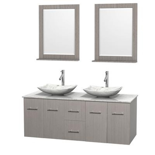 Centra 60 In. Double Vanity in Gray Oak with White Carrera Top with White Carrera Sinks and 24 In. Mirrors