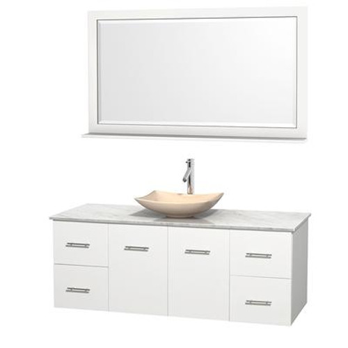 Centra 60 In. Single Vanity in White with White Carrera Top with Ivory Sink and 58 In. Mirror
