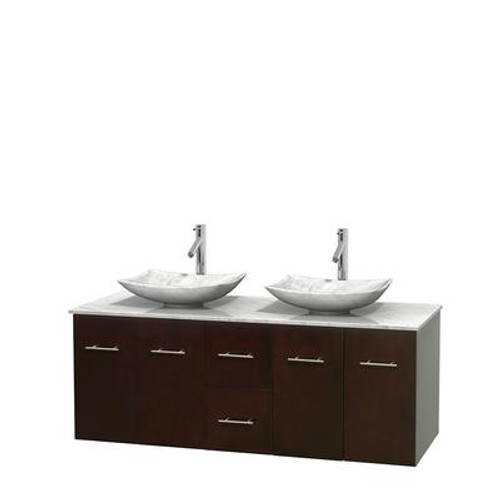 Centra 60 In. Double Vanity in Espresso with White Carrera Top with White Carrera Sinks and No Mirror