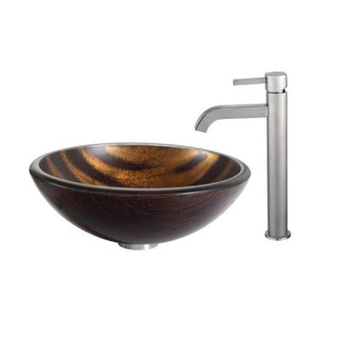 Bastet Glass Vessel Sink and Ramus Faucet Satin Nickel