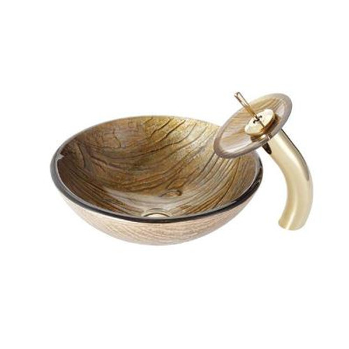 Terra Glass Vessel Sink and Waterfall Faucet Gold