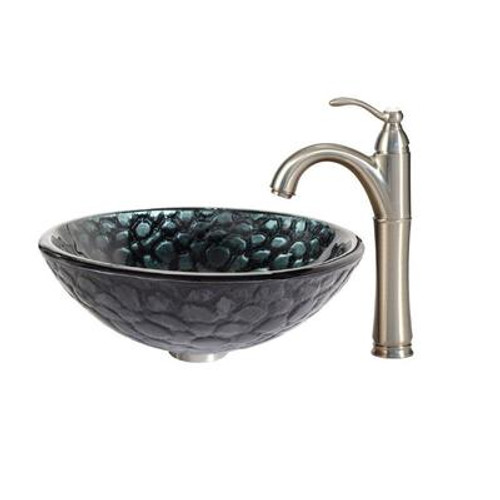 Kratos Glass Vessel Sink and Riviera Faucet Satin Nickel