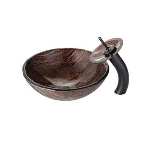 Gaia Glass Vessel Sink and Waterfall Faucet Oil Rubbed Bronze