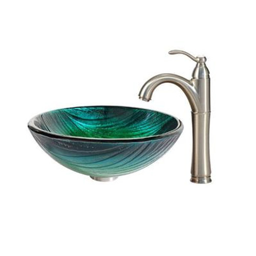 Nei Glass Vessel Sink and Riviera Faucet Satin Nickel