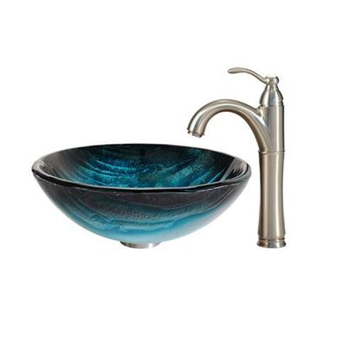 Ladon Glass Vessel Sink and Riviera Faucet Satin Nickel