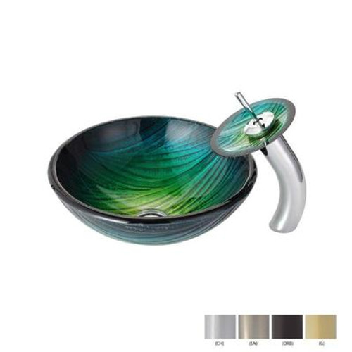 Nei Glass Vessel Sink and Waterfall Faucet Chrome