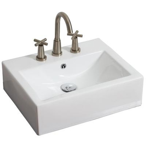 Above Counter Rectangle White Ceramic Vessel with 8 Inch o.c. Faucet Drilling