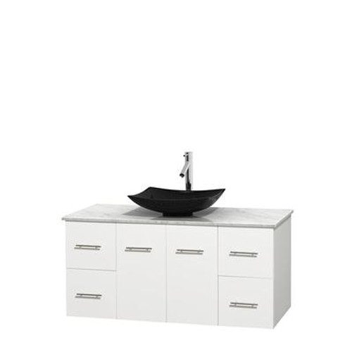 Centra 48 In. Single Vanity in White with White Carrera Top with Black Granite Sink and No Mirror