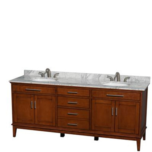 Hatton 80 In. Double Vanity in Light Chestnut with Marble Vanity Top in Carrara White and Oval Sinks