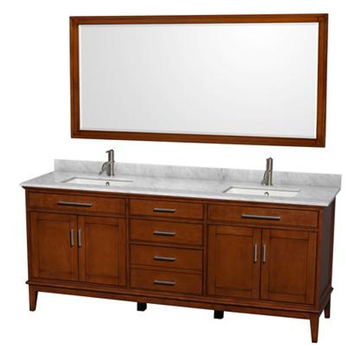 Hatton 80 In. Vanity in Light Chestnut with Marble Top in Carrara White with Square Sinks and Mirror