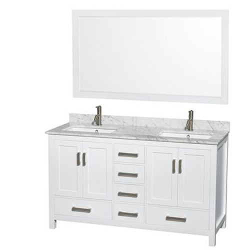 Sheffield 60 In. Double Vanity in White with Marble Vanity Top in Carrara White and 58 In. Mirror