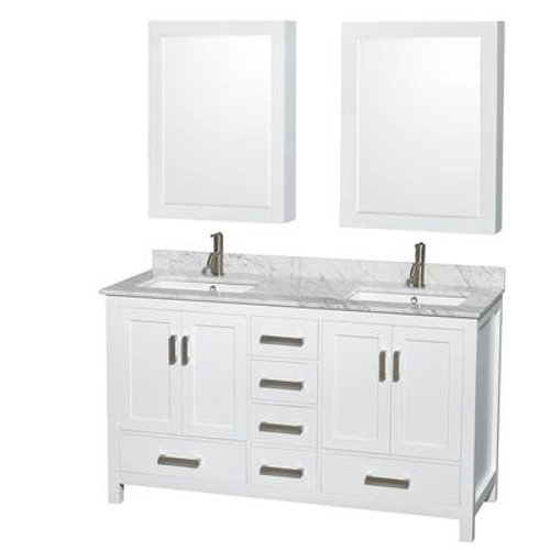 Sheffield 60 In. Double Vanity in White with Marble Top in Carrara White and Medicine Cabinets