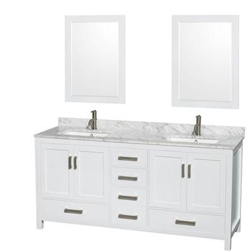 Sheffield 72 In. Double Vanity in White with Marble Vanity Top in Carrara White and 24 In. Mirrors