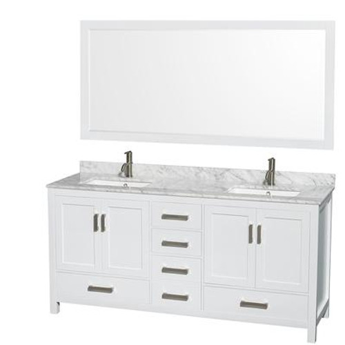 Sheffield 72 In. Double Vanity in White with Marble Vanity Top in Carrara White and 70 In. Mirror