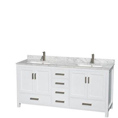 Sheffield 72 In. Double Vanity in White with Marble Vanity Top in Carrara White