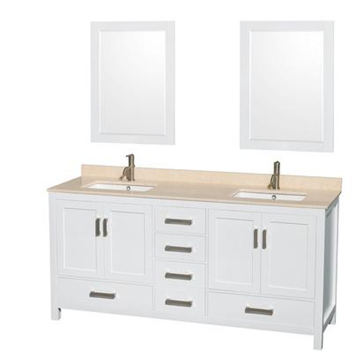 Sheffield 72 In. Double Vanity in White with Marble Vanity Top in Ivory and 24 In. Mirrors