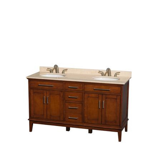 Hatton 60 In. Double Vanity in Light Chestnut with Marble Vanity Top in Ivory and Oval Sinks