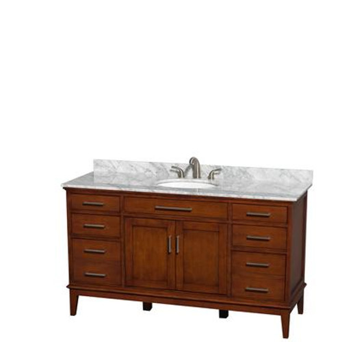 Hatton 60 In. Vanity in Light Chestnut with Marble Vanity Top in Carrara White and Oval Sink