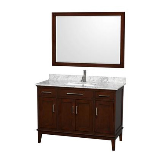 Hatton 48 In. Vanity in Dark Chestnut with Marble Top in Carrara White with Square Sink and Mirror
