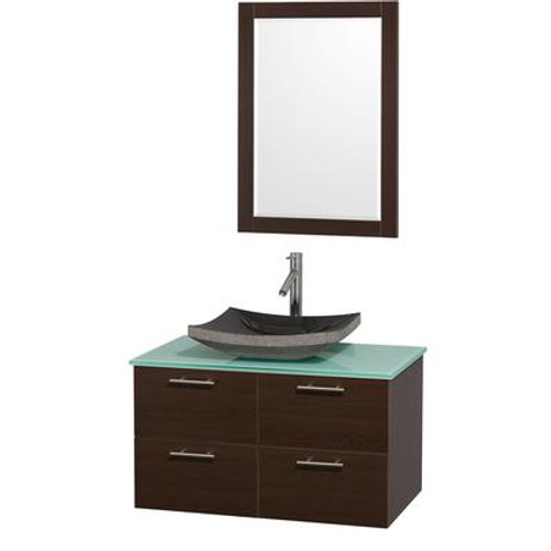 Amare 36 In. Vanity in Espresso with Glass Vanity Top in Aqua and Black Granite Sink