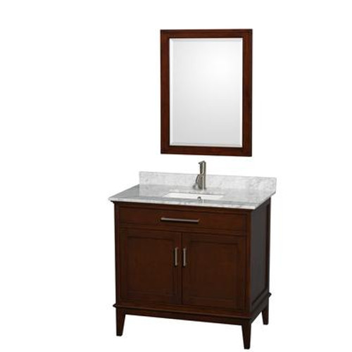 Hatton 36 In. Vanity in Dark Chestnut with Marble Top in Carrara White with Square Sink and Mirror