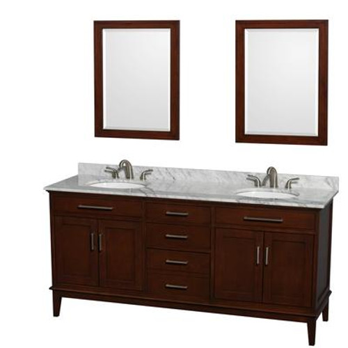 Hatton 72 In. Double Vanity in Dark Chestnut with Marble Top in Carrara White with Sinks and Mirrors