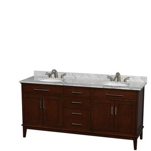 Hatton 72 In. Double Vanity in Dark Chestnut with Marble Vanity Top in Carrara White and Oval Sinks